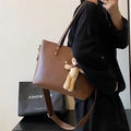 Dark brown faux leather tote bag with teddy bear charm and adjustable shoulder strap - With Bear Pendant / Brown