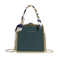 Dark green fashion box bag with gold trim, chain strap and elegant silk scarf handle wrap - Dark Green
