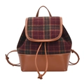 Sac à dos en cuir PU et tissu à carreaux avec cordon de serrage et poignée supérieure - Marron