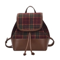 Sac à dos à carreaux écossais rouge et vert avec des détails en cuir marron foncé - café
