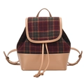 Sac à dos rétro à carreaux rouge et vert avec similicuir marron et fermeture à cordon - Kaki