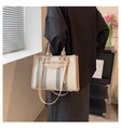 Vertical blue and beige striped canvas tote bag with leather handles and gold zipper detail - Small / Blue