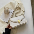Minimalist beige leather flap shoulder bag with gold metal buckle and adjustable strap - Off White