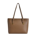 Brown lychee-grain leather tote bag for women with golden square metal buckles - Coffee