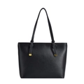 Minimalist black lychee texture leather tote bag with gold metal buckle accents - Black