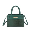 Dark green Kelly style bag with mixed lychee and crocodile textures and gold clasp - Green
