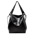 Large black PU leather tote bag with minimalist geometric design and shoulder strap - Black