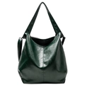 Large dark green faux leather tote bag with glossy finish and dual shoulder straps - Green