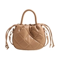 Light brown quilted bucket bag with diamond stitching and drawstring top handle design - Khaki