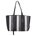 Large striped canvas tote bag for women with black leather handles and casual style - Black