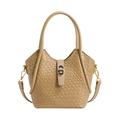 Light khaki woven bucket bag with gold hardware and adjustable crossbody strap - Khaki