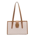 Classic cream quilted tote bag with brown faux leather trim and gold metal buckle - Beige and Khaki