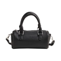 Chic black pleated Boston bag with vertical quilting and silver hardware accents - Black