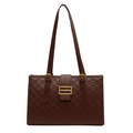 Fashionable dark brown checkered tote bag with gold buckle and large capacity - Brown