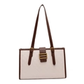 Elegante borsa tote beige con finiture in pelle marrone e trama a scacchi - Bianco Sporco & Caffè