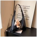 Black large capacity hobo shoulder bag with lychee texture and cute rabbit charm - Black (With Charm)