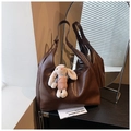 Deep brown large capacity faux leather tote bag with a cute beige bunny charm - Coffee (With Pendant)