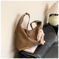 Brown vintage faux leather tote bag featuring a pink bunny charm and adjustable strap - Khaki (With Charm)