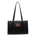Black synthetic leather tote bag with checkerboard pattern and gold buckle - Black