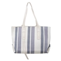 Large striped canvas tote bag in grey and white with slender leather shoulder straps - White with Blue