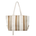 Large canvas tote bag with brown and white stripes and leather handles for women - White & Khaki
