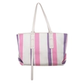Large striped canvas tote bag in white pink and purple with white faux leather handles - White and Pink