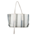 Large striped canvas tote bag in blue and grey vertical stripes with cream leather handles - White & Green