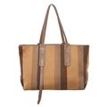Vertical striped canvas tote bag in brown and beige tones with leather straps - Khaki