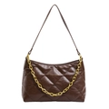 Brown quilted crossbody bag with golden chain and glossy faux leather texture - Brown