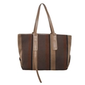 Vertical striped canvas tote bag with brown leather handles and large capacity - Khaki with Coffee
