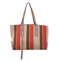 Large striped canvas tote bag with multi-color vertical lines and brown leather handles - Khaki & Red