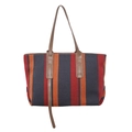 Large canvas tote bag with red and blue vertical stripes and brown leather handles - Khaki and Dark Blue