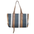 Canvas tote bag with blue and camel stripes and brown leather straps on white background - Khaki and Light Blue