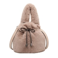 Faux fur bucket bag in taupe with drawstring bow and leather crossbody strap - Coffee