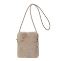 Plush crossbody phone bag for women in soft light brown faux fur with sleek PU strap - Khaki