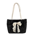 Borsa tote in peluche nero con fiocco di seta bianco e manici in corda intrecciata - Nero