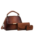 Brown crocodile embossed tote bag set with matching wallet and card holder on white background - Brown Set