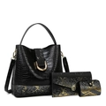 Three-piece black crocodile embossed bucket bag set with snake print and gold hardware - Black Set
