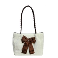 Borsa tote in ecopelliccia bianca con grande fiocco di raso marrone e manico - Bianco Sporco