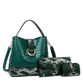 Three-piece women's green faux crocodile leather handbag set with shoulder strap - Dark Green Set Bag
