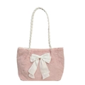 Borsa tote invernale rosa pelosa con fiocco in raso bianco e manici intrecciati - Rosa