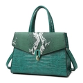 Green faux crocodile and snakeskin textured handbag with top handle and strap - Green Single Bag