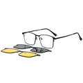 Magnetic clip-on set with black metal square frame glasses, yellow and grey lenses - 1 Frame + 2 Clips (Grey Polarized / Yellow Night Vision) / Bright Black