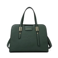 Dark green crocodile embossed handbag with gold metal hardware and sturdy top handles - Green Single Bag