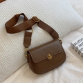 Vintage brown leather crossbody square bag with relief metal buckle and woven strap - Brown