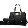 Black three-piece handbag set with crocodile pattern and stylish snakeskin handles - Black Snake Print Set
