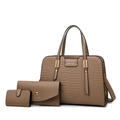 Khaki 3-piece handbag set featuring crocodile embossed tote with envelope clutch and pouch - Khaki Set