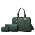 Dark green crocodile embossed handbag three-piece set with elegant golden hardware - Green Bag Set