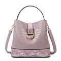 Pink crocodile-textured bucket bag with snakeskin accents and gold D-ring buckle - Pink Bag