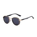 Retro round frame sunglasses with black lenses and gold-toned carbon fiber texture temples - Gold Frame Grey Lens